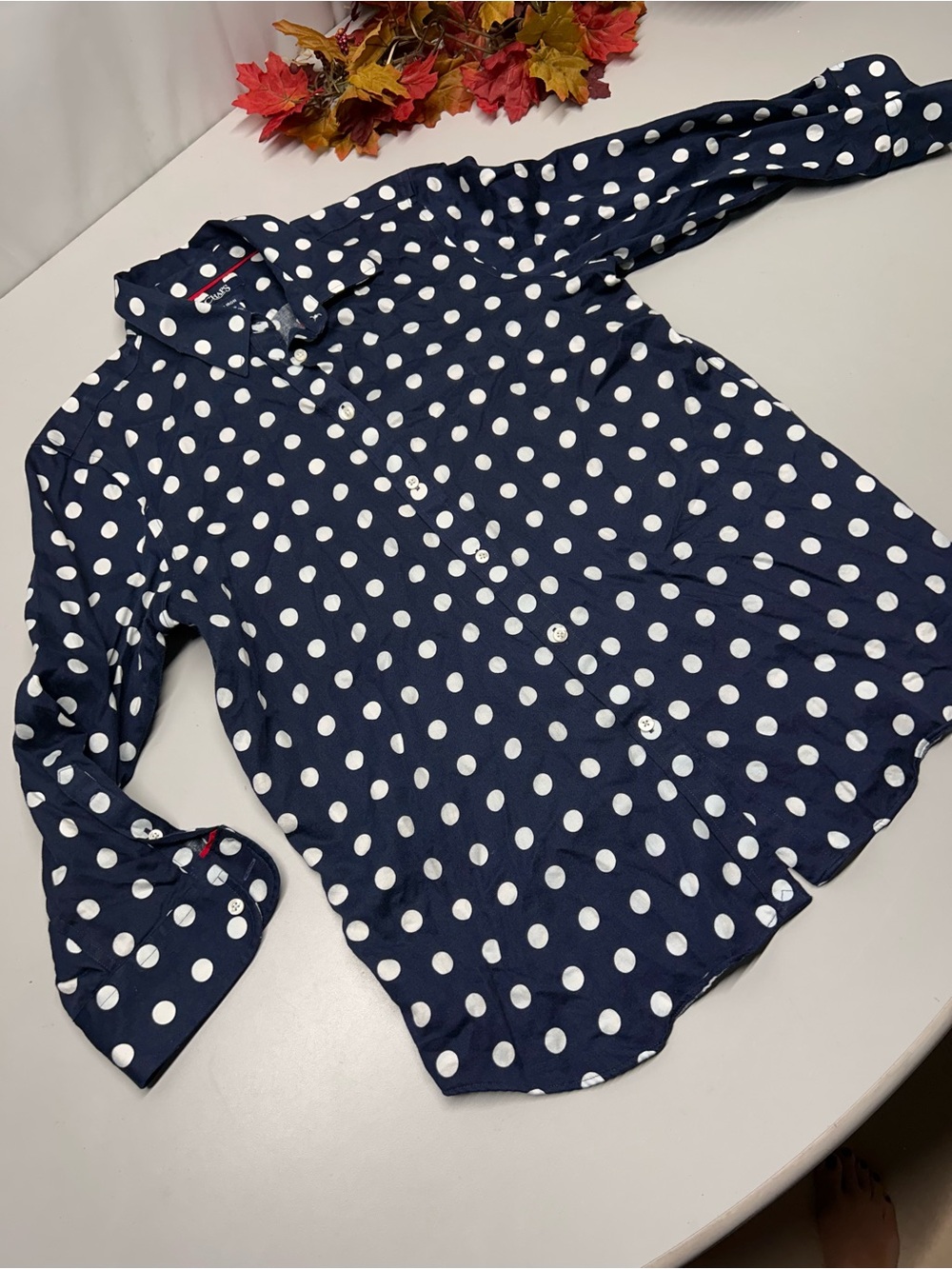 Chaps Navy Blue & White Polka Dot Button-Down Shirt